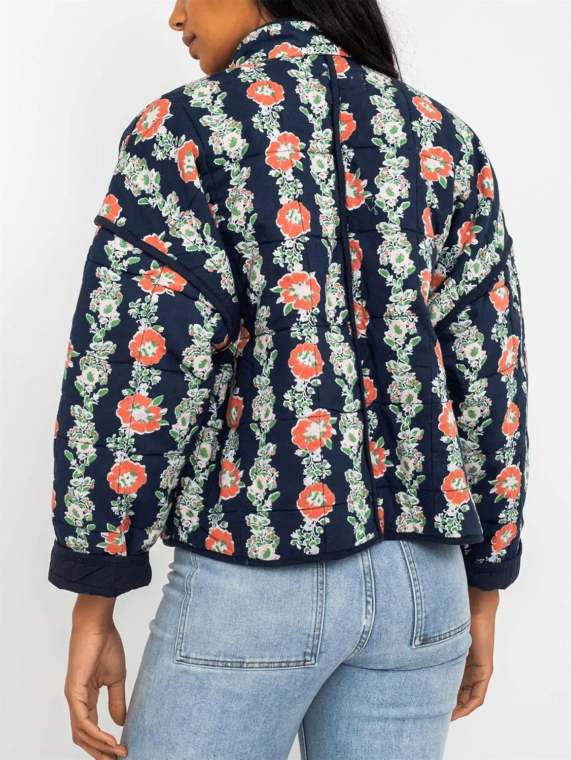 Floral Quilted Jacket for Women Cropped Lightweight Puffer Cardigan Coat Open Front Padded Outwear