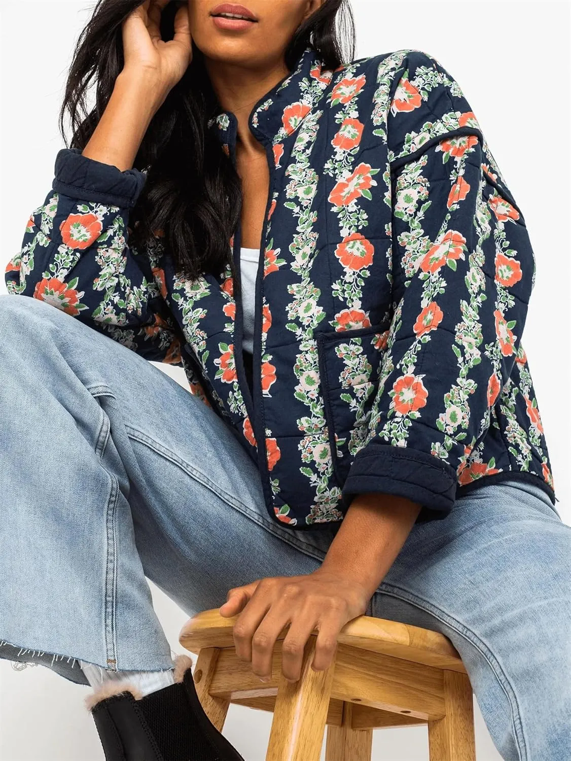 Floral Quilted Jacket for Women Cropped Lightweight Puffer Cardigan Coat Open Front Padded Outwear