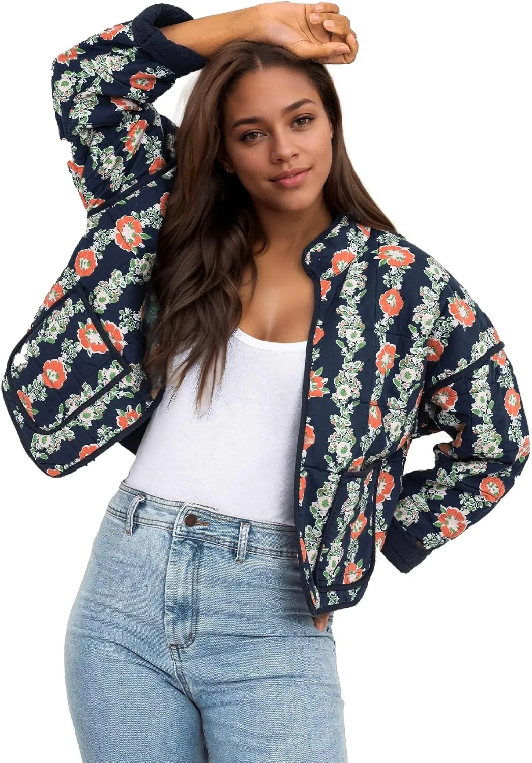 Floral Quilted Jacket for Women Cropped Lightweight Puffer Cardigan Coat Open Front Padded Outwear