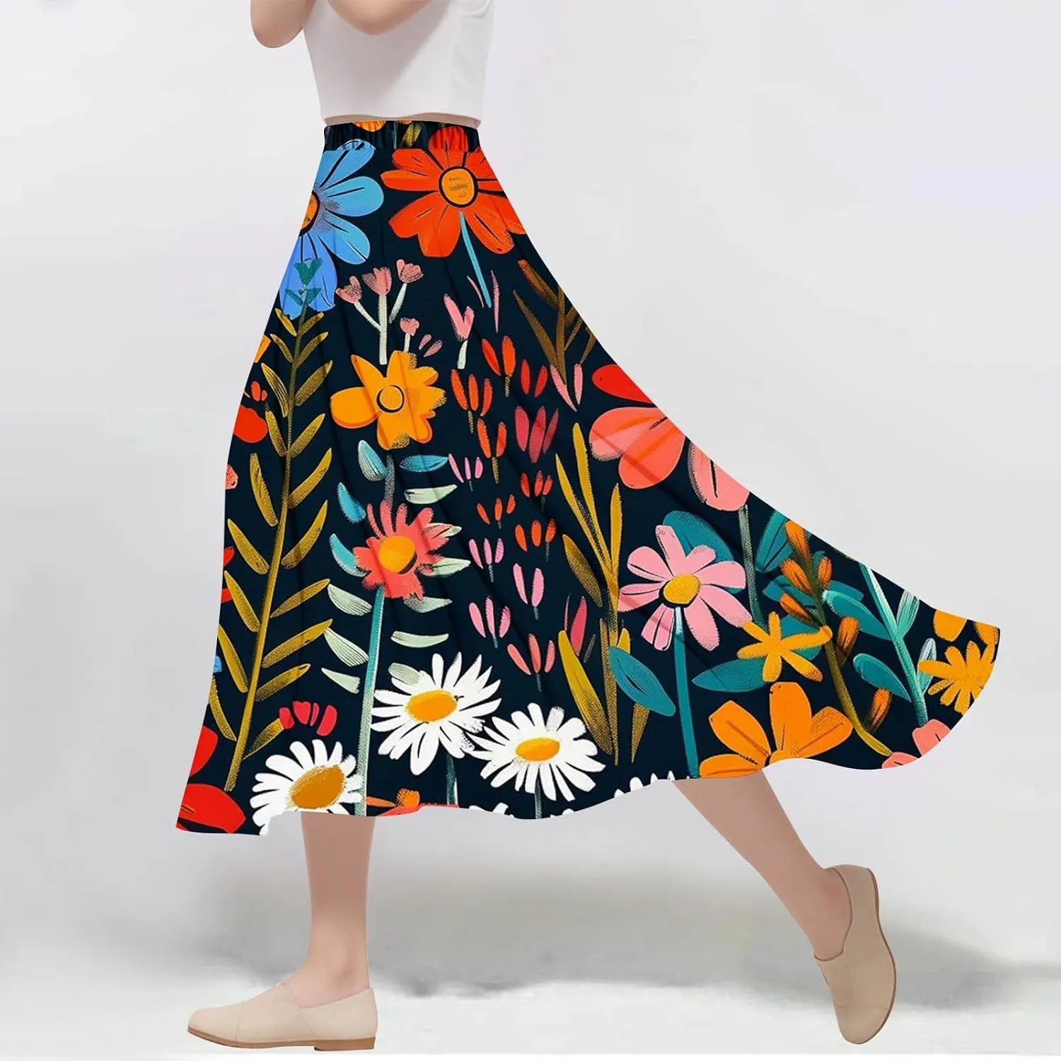 Flowy Skirts for Women Summer Casual Floral Printed Elastic High Waist A-Line Boho Beach Vacation Midi Skirts