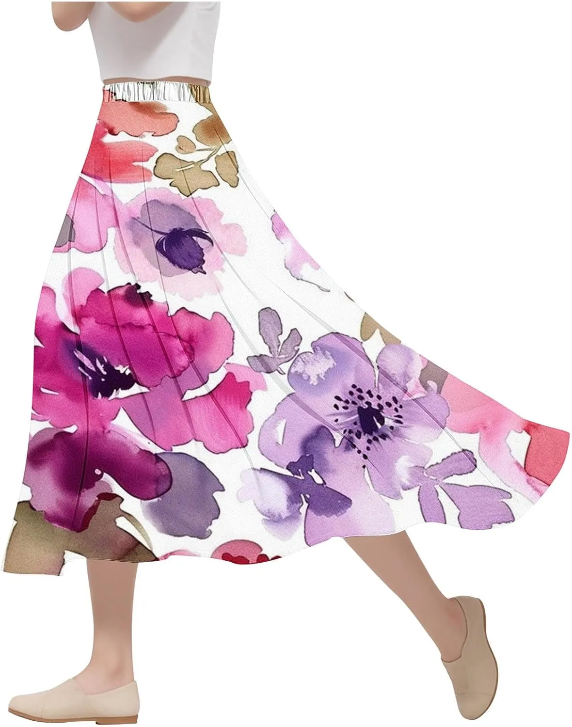 Flowy Skirts for Women Summer Casual Floral Printed Elastic High Waist A-Line Boho Beach Vacation Midi Skirts