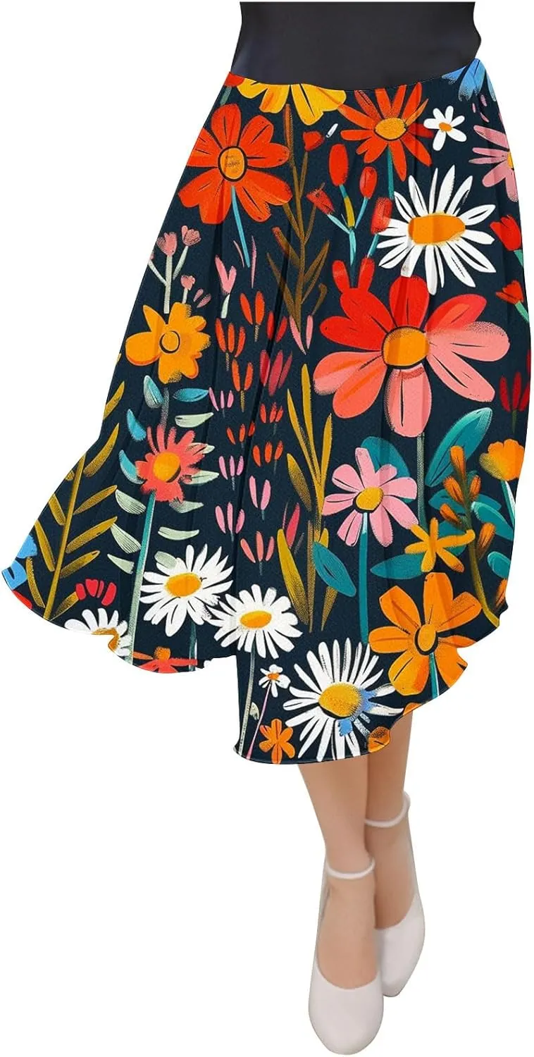 Flowy Skirts for Women Summer Casual Floral Printed Elastic High Waist A-Line Boho Beach Vacation Midi Skirts