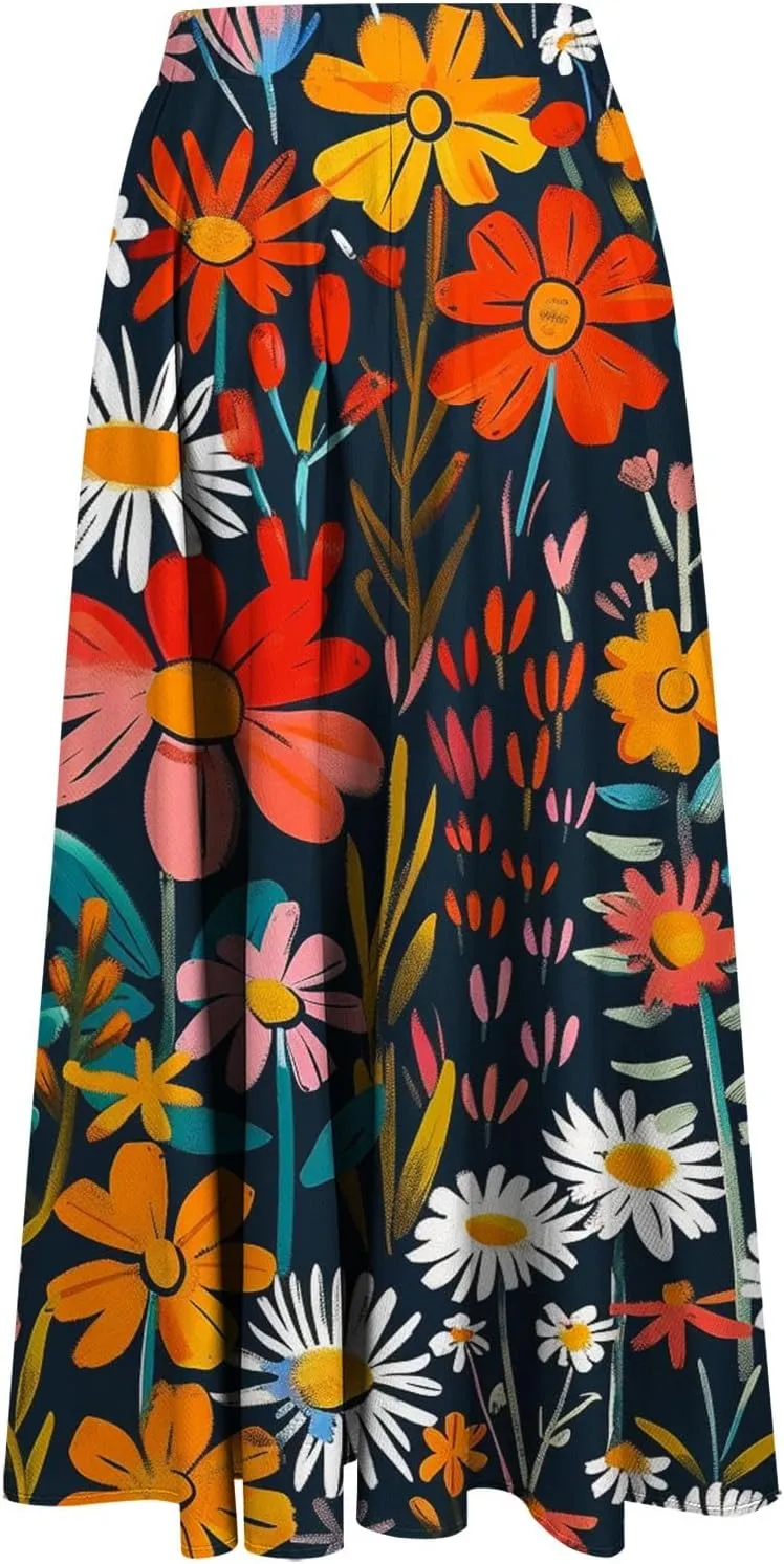 Flowy Skirts for Women Summer Casual Floral Printed Elastic High Waist A-Line Boho Beach Vacation Midi Skirts