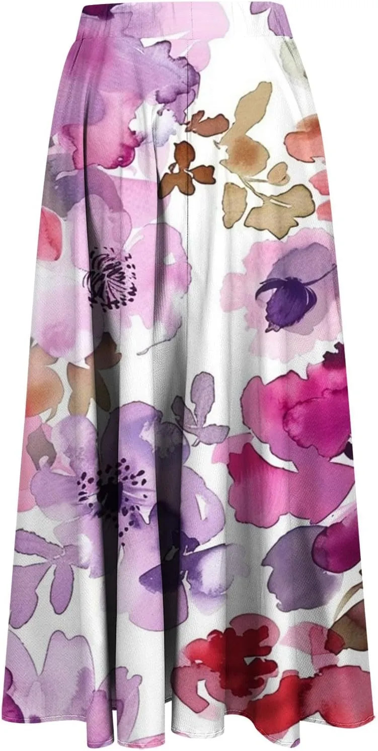 Flowy Skirts for Women Summer Casual Floral Printed Elastic High Waist A-Line Boho Beach Vacation Midi Skirts