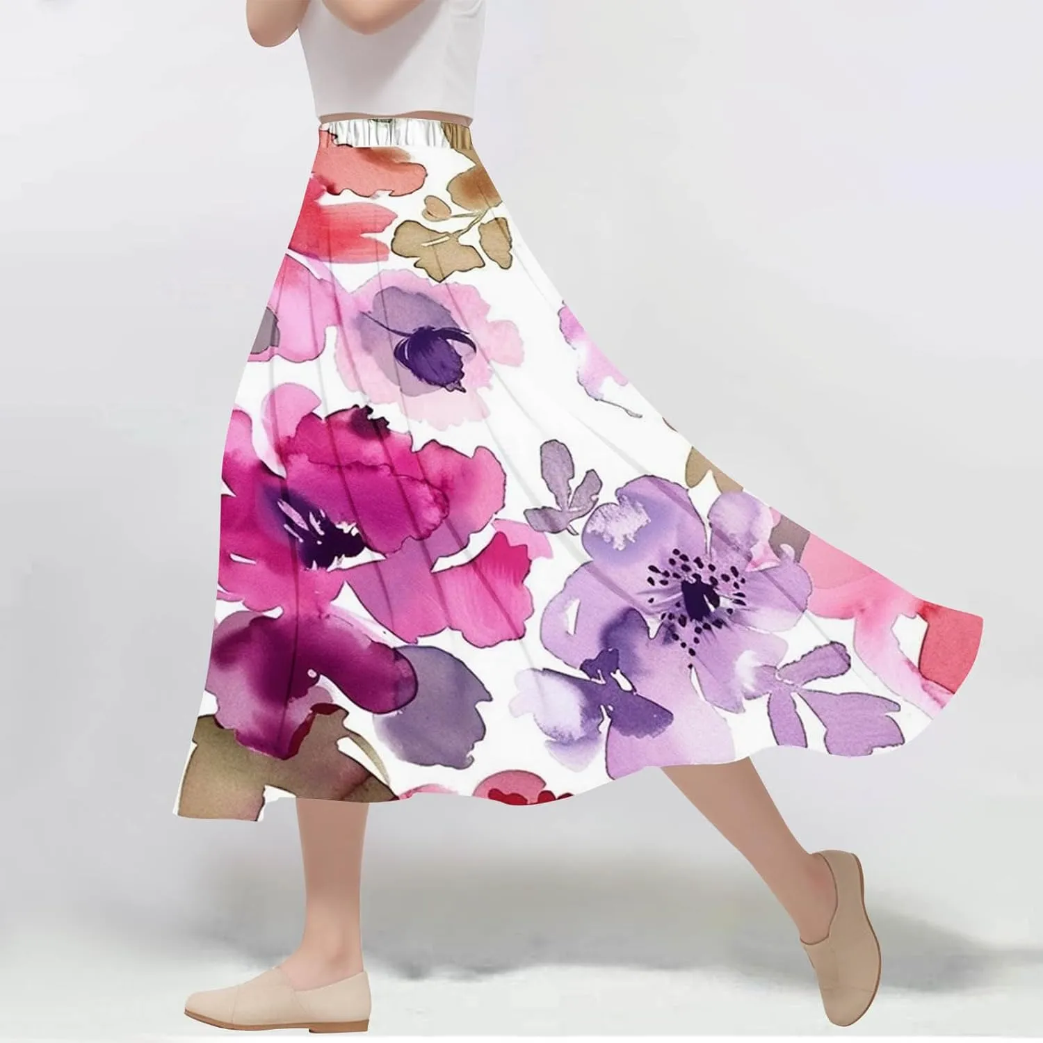 Flowy Skirts for Women Summer Casual Floral Printed Elastic High Waist A-Line Boho Beach Vacation Midi Skirts