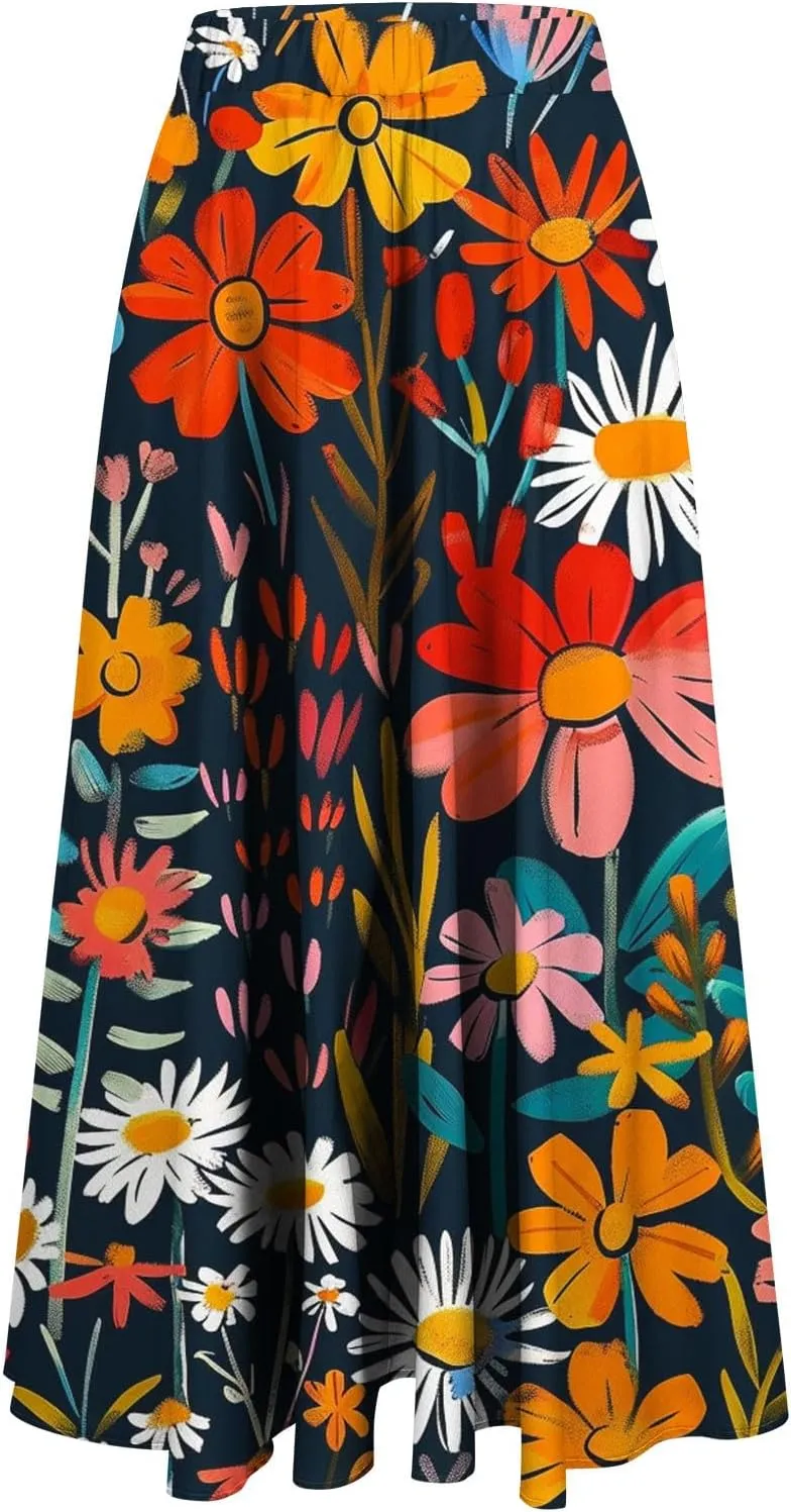 Flowy Skirts for Women Summer Casual Floral Printed Elastic High Waist A-Line Boho Beach Vacation Midi Skirts