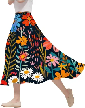 Flowy Skirts for Women Summer Casual Floral Printed Elastic High Waist A-Line Boho Beach Vacation Midi Skirts