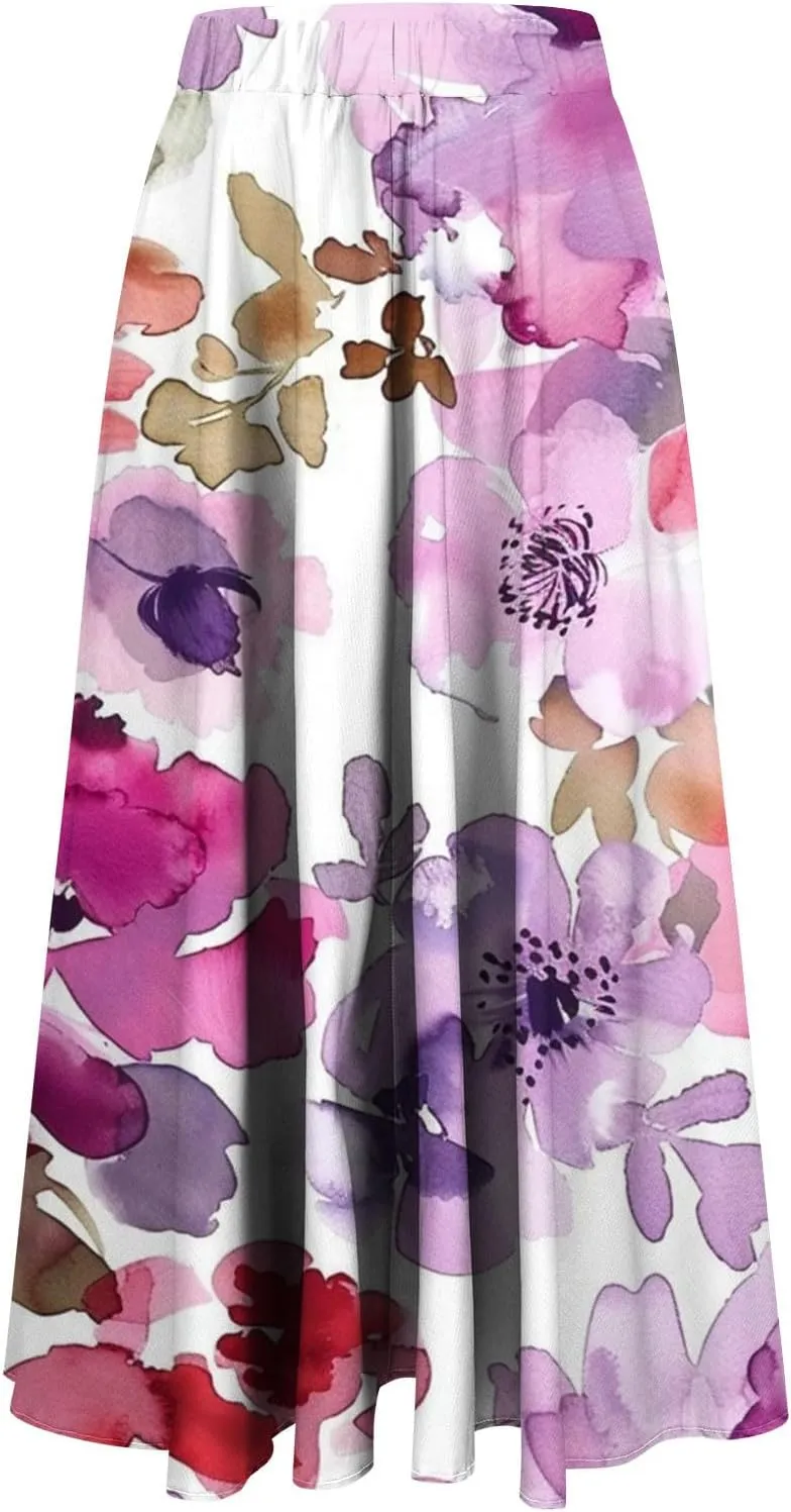 Flowy Skirts for Women Summer Casual Floral Printed Elastic High Waist A-Line Boho Beach Vacation Midi Skirts
