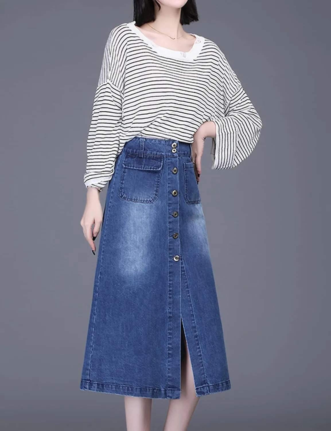Flygo Women's Casual High Waisted Button Down A-Line Midi Long Denim Skirt