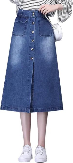 Flygo Women's Casual High Waisted Button Down A-Line Midi Long Denim Skirt