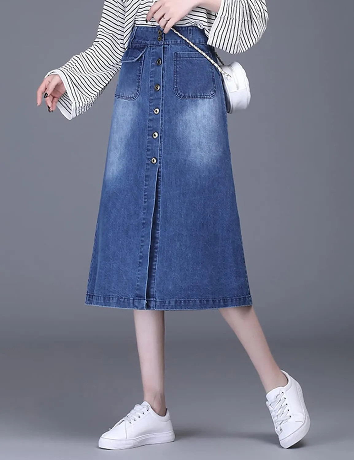 Flygo Women's Casual High Waisted Button Down A-Line Midi Long Denim Skirt