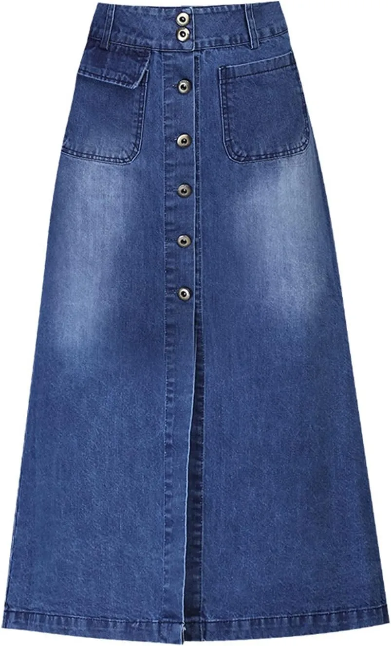 Flygo Women's Casual High Waisted Button Down A-Line Midi Long Denim Skirt