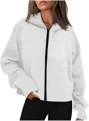 Full Zipper Up Hoodies for Women 2024 Color Block Striped Oversized Sweatshirt Casual Loose Out Fit with Pockets