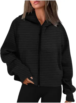 Full Zipper Up Hoodies for Women 2024 Color Block Striped Oversized Sweatshirt Casual Loose Out Fit with Pockets
