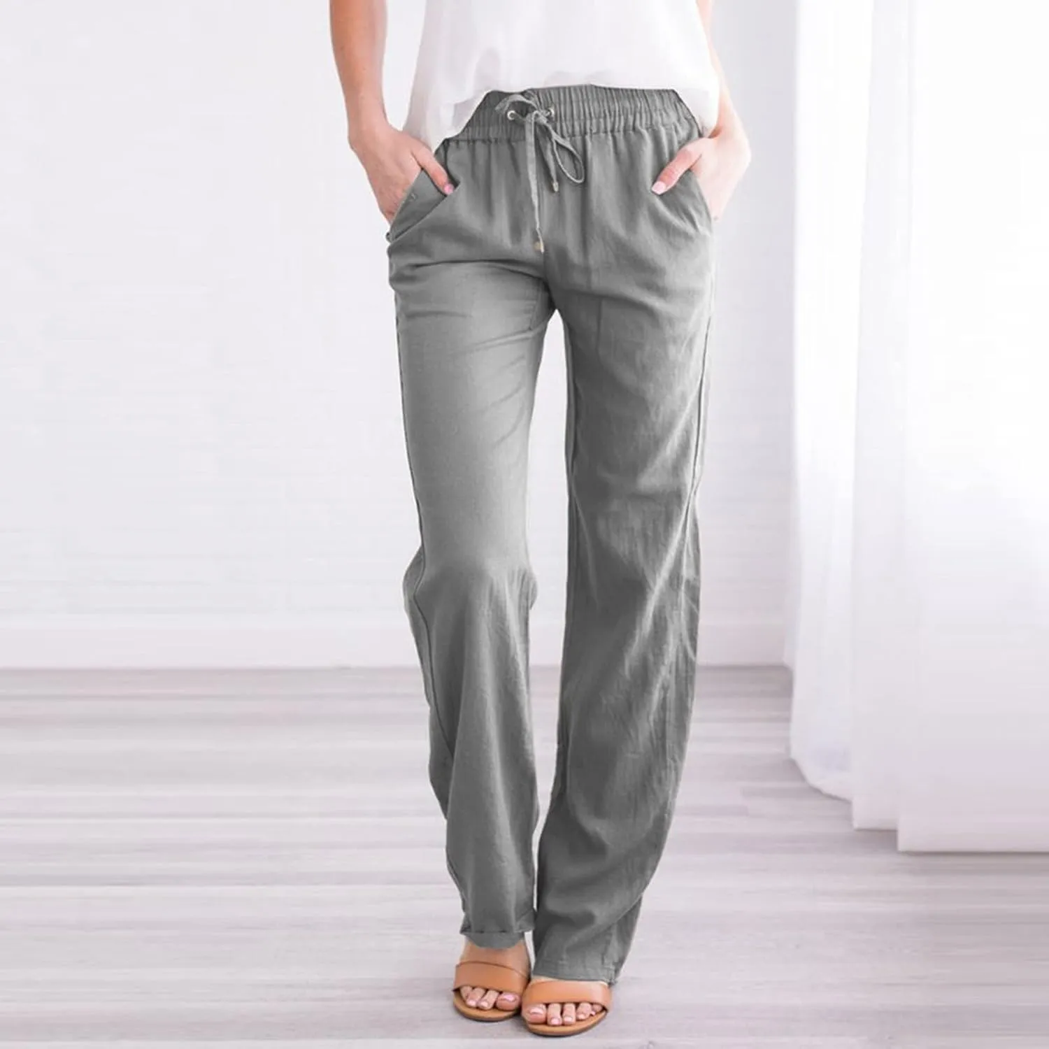 GIERIDUC Women's Cotton Linen Summer Palazzo Pants Casual Flowy Wide Leg Beach Trousers with Pockets Spring Outfits 2025