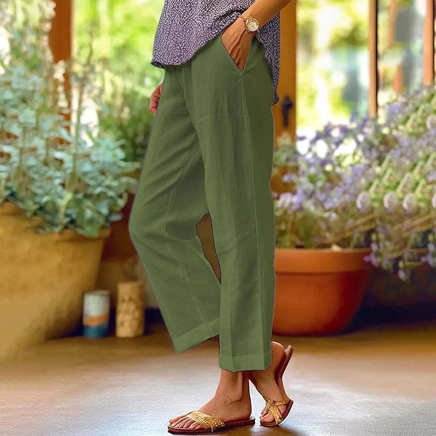 GIERIDUC Womens Linen Pants with Pockets Elastic High Waist Straight Leg Pants Solid Color Lightweight Summer Beach Trousers
