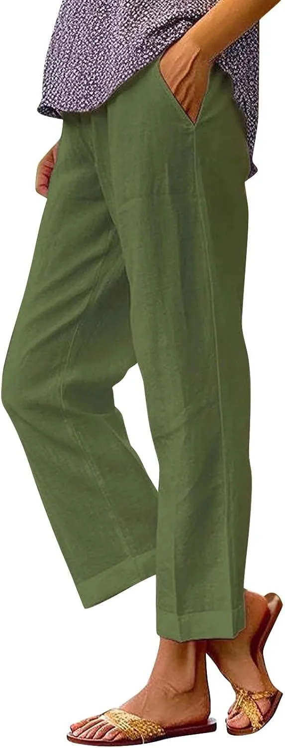 GIERIDUC Womens Linen Pants with Pockets Elastic High Waist Straight Leg Pants Solid Color Lightweight Summer Beach Trousers