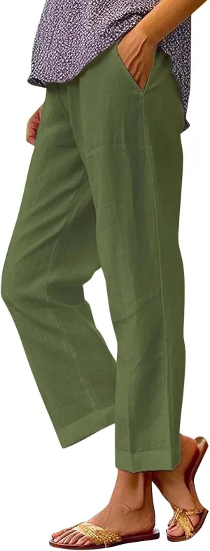 GIERIDUC Womens Linen Pants with Pockets Elastic High Waist Straight Leg Pants Solid Color Lightweight Summer Beach Trousers