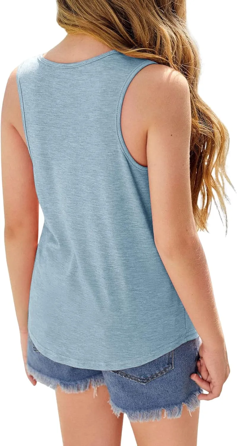 Girl's Crewneck Racerback Basic Tank Tops Sleeveless Casual Dance Top with Pocket