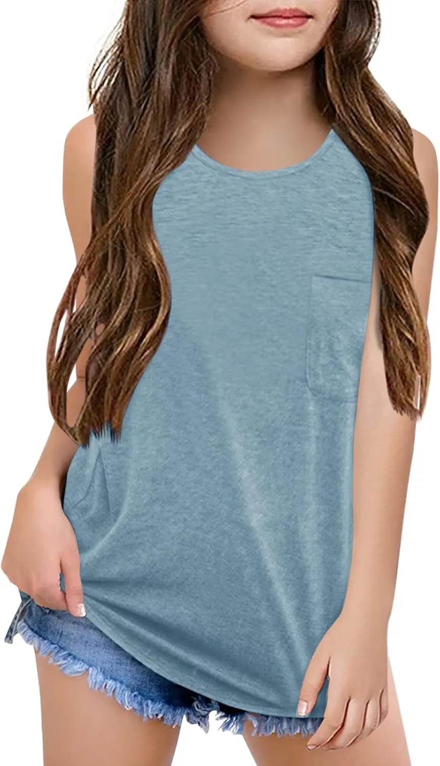 Girl's Crewneck Racerback Basic Tank Tops Sleeveless Casual Dance Top with Pocket