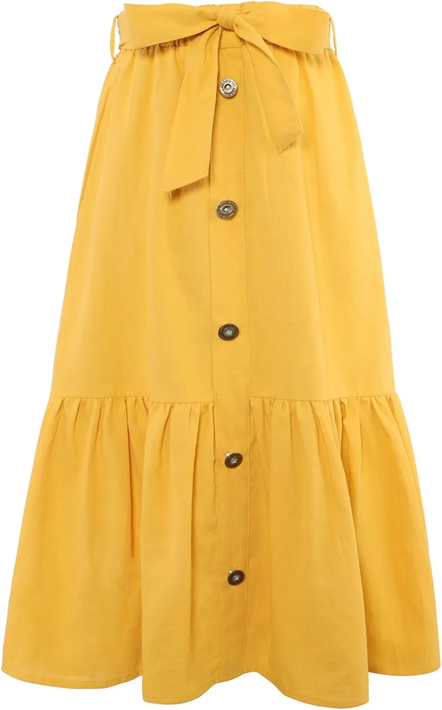 Girls Maxi Skirts A-Line Casual Ruffles Skirt with Pockets Button Front High Elastic Waisted Long Skirt 5-13 Years