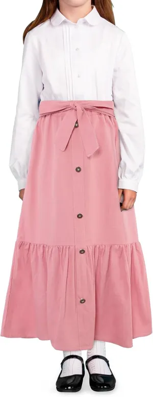 Girls Maxi Skirts A-Line Casual Ruffles Skirt with Pockets Button Front High Elastic Waisted Long Skirt 5-13 Years