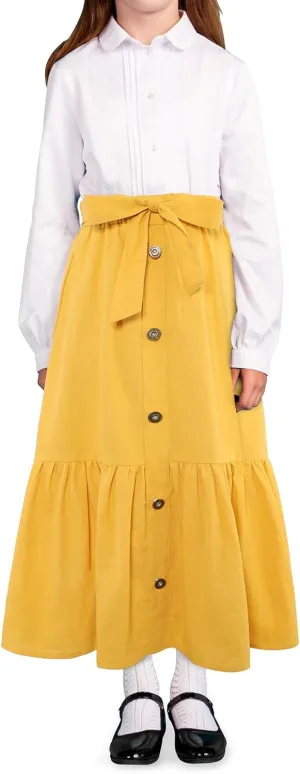 Girls Maxi Skirts A-Line Casual Ruffles Skirt with Pockets Button Front High Elastic Waisted Long Skirt 5-13 Years