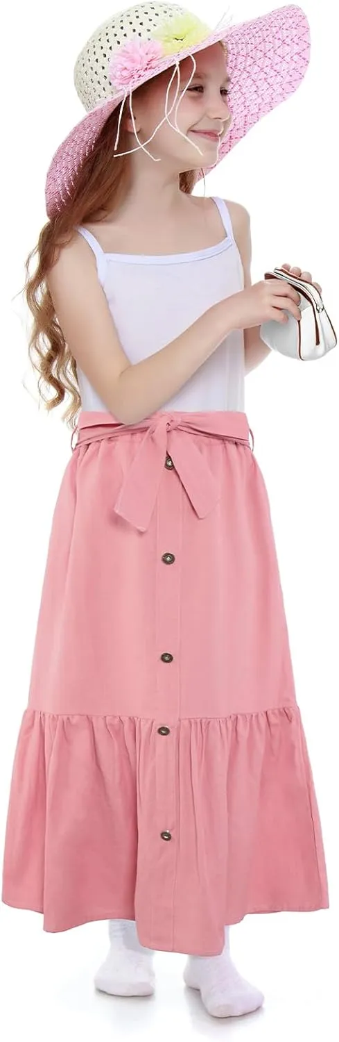 Girls Maxi Skirts A-Line Casual Ruffles Skirt with Pockets Button Front High Elastic Waisted Long Skirt 5-13 Years