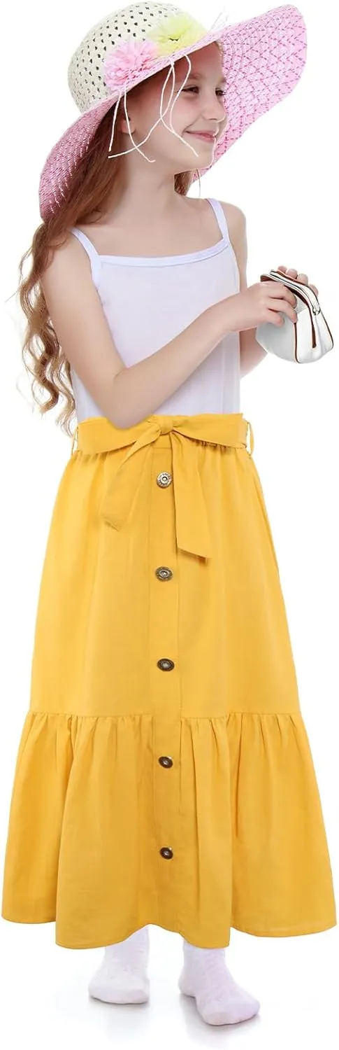 Girls Maxi Skirts A-Line Casual Ruffles Skirt with Pockets Button Front High Elastic Waisted Long Skirt 5-13 Years