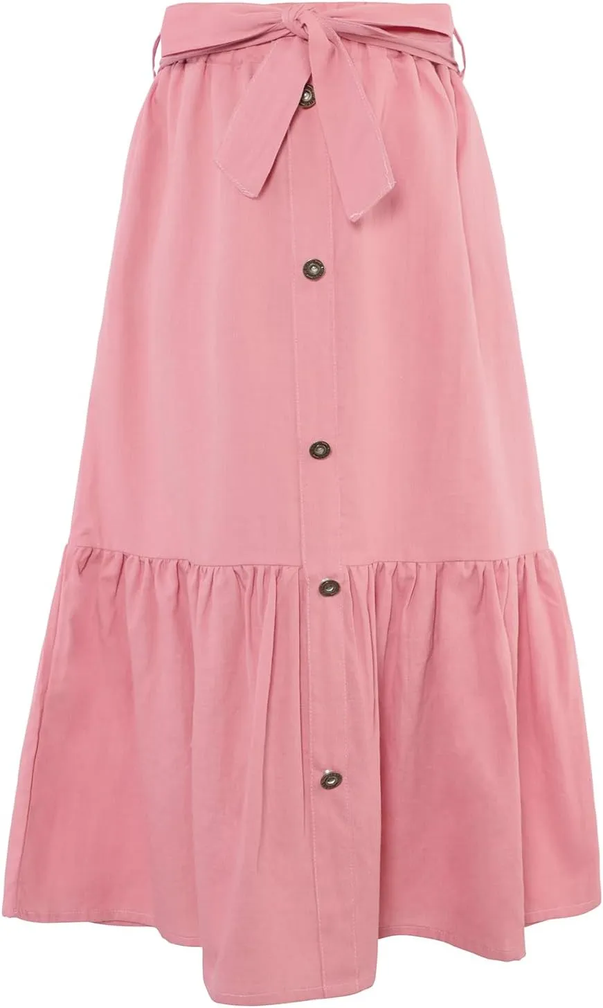Girls Maxi Skirts A-Line Casual Ruffles Skirt with Pockets Button Front High Elastic Waisted Long Skirt 5-13 Years