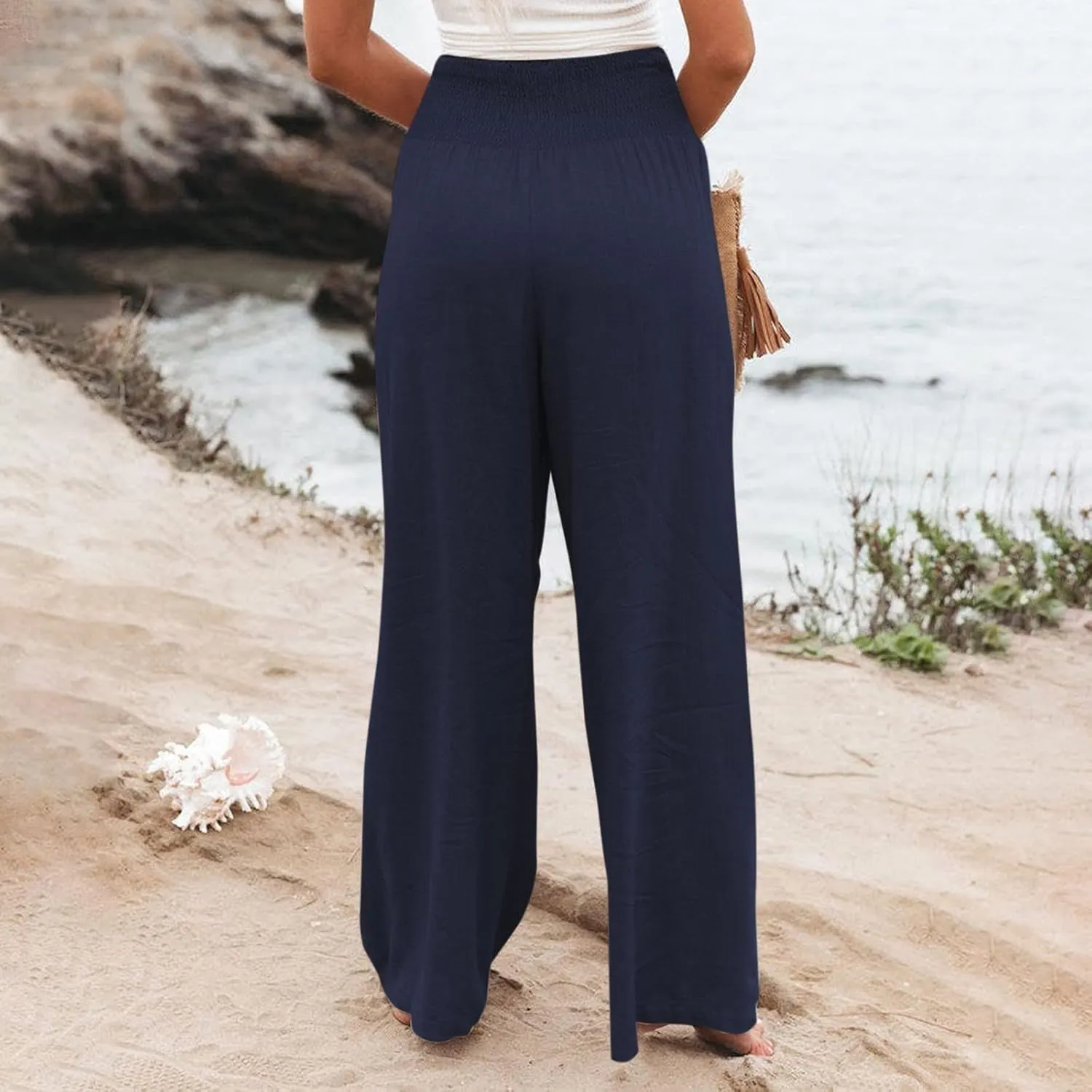 GOFULY Wide Leg Linen Pants Women High Waisted Trendy Summer Elastic Waist Palazzo Pants with Pockets Slim Fit Solid Clothes