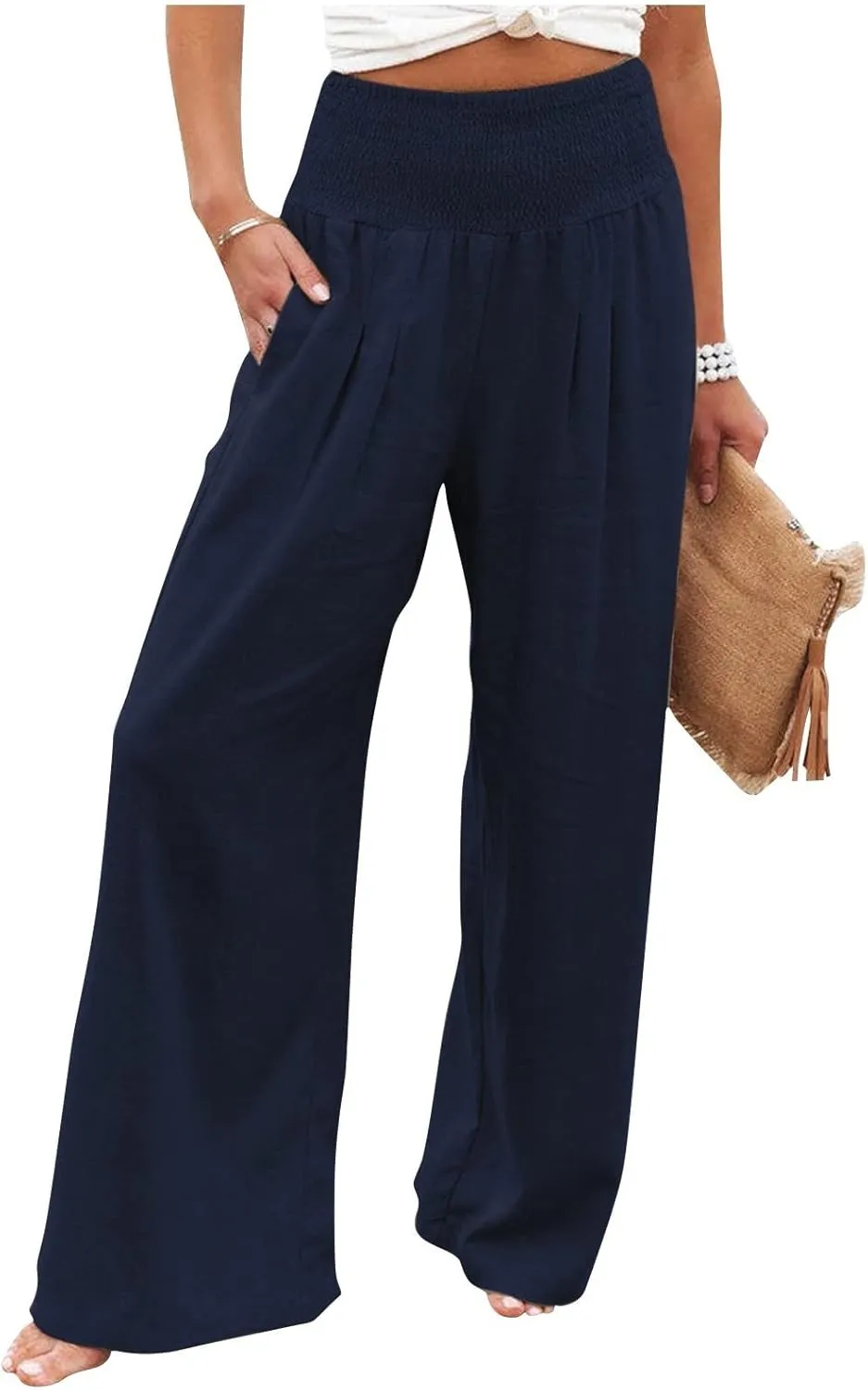 GOFULY Wide Leg Linen Pants Women High Waisted Trendy Summer Elastic Waist Palazzo Pants with Pockets Slim Fit Solid Clothes