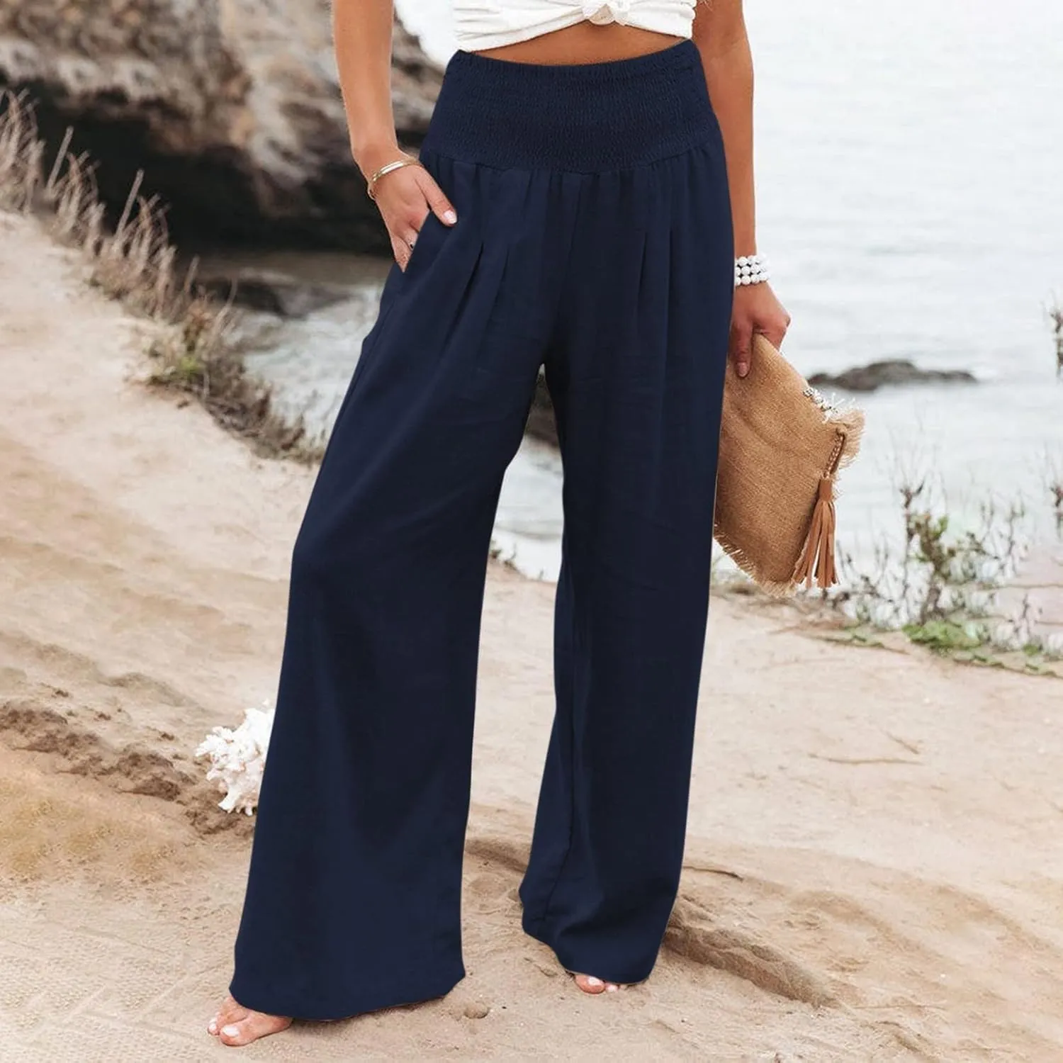 GOFULY Wide Leg Linen Pants Women High Waisted Trendy Summer Elastic Waist Palazzo Pants with Pockets Slim Fit Solid Clothes