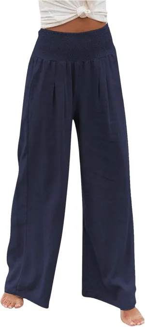 GOFULY Wide Leg Linen Pants Women High Waisted Trendy Summer Elastic Waist Palazzo Pants with Pockets Slim Fit Solid Clothes