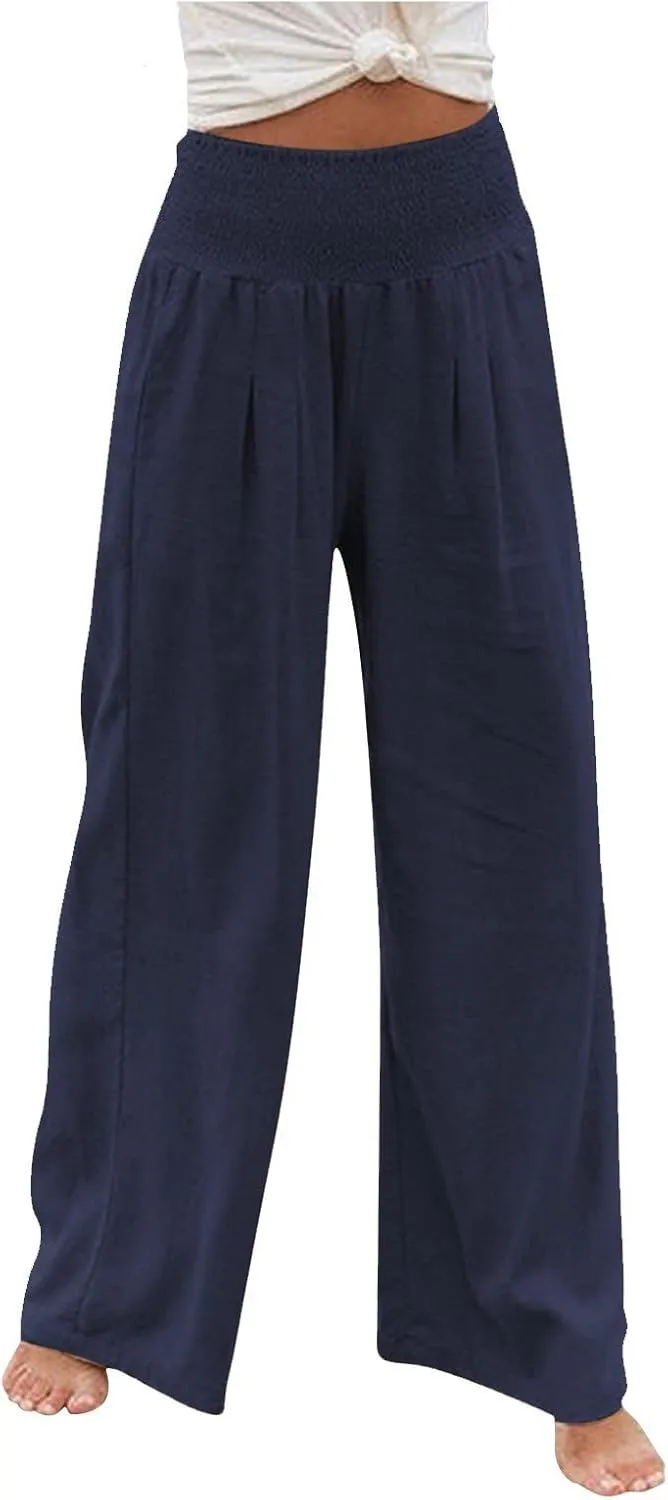 GOFULY Wide Leg Linen Pants Women High Waisted Trendy Summer Elastic Waist Palazzo Pants with Pockets Slim Fit Solid Clothes