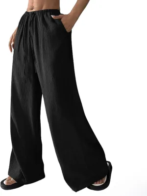 GOFULY Wide Leg Pants for Women Linen Beach Western Summer Drawstring Elastic Waist Pants High Waist Pockets Solid Outfits