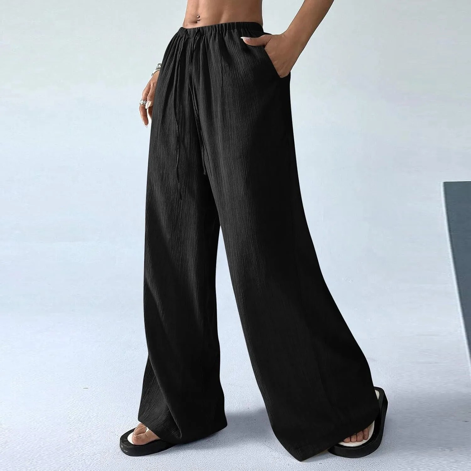 GOFULY Wide Leg Pants for Women Linen Beach Western Summer Drawstring Elastic Waist Pants High Waist Pockets Solid Outfits