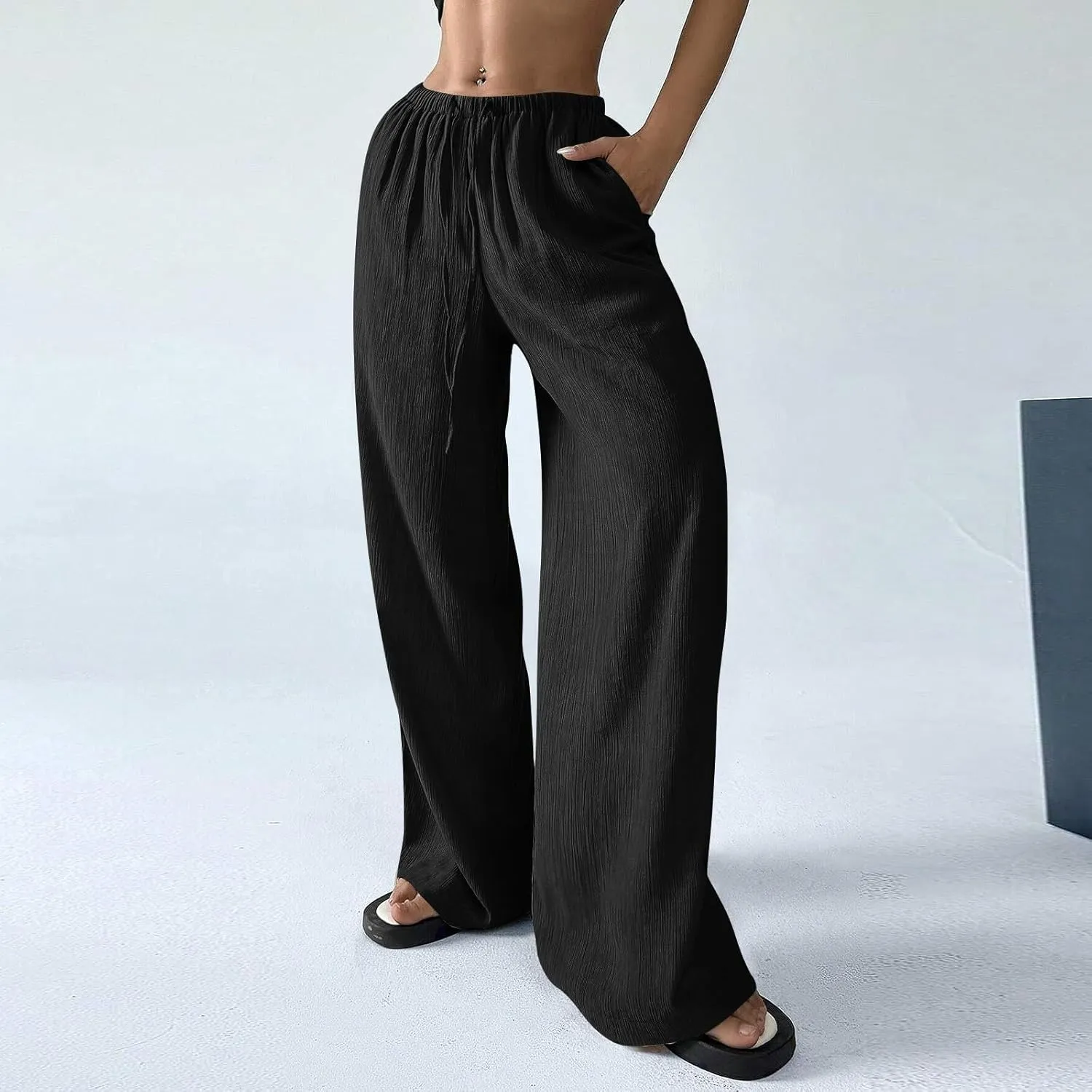 GOFULY Wide Leg Pants for Women Linen Beach Western Summer Drawstring Elastic Waist Pants High Waist Pockets Solid Outfits