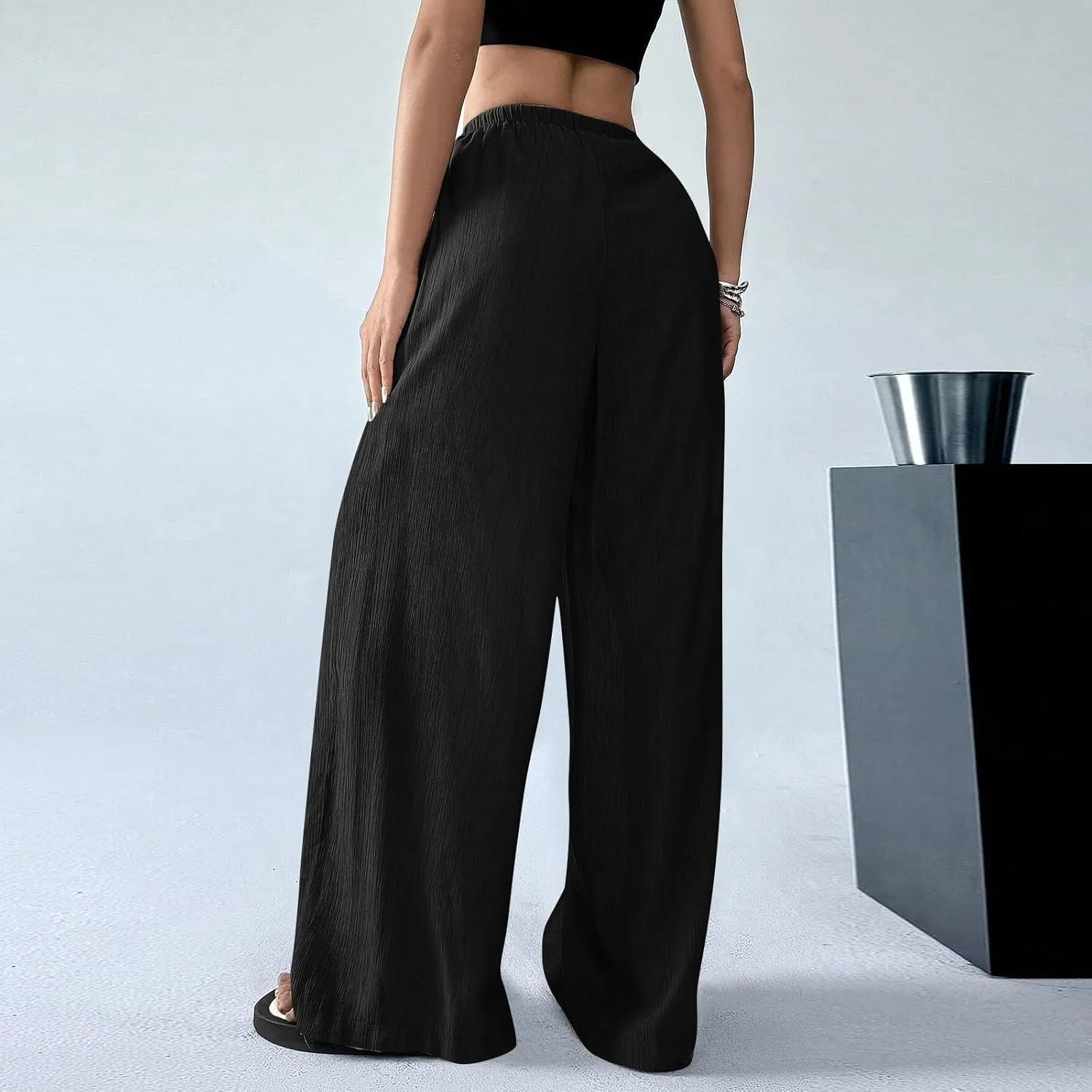 GOFULY Wide Leg Pants for Women Linen Beach Western Summer Drawstring Elastic Waist Pants High Waist Pockets Solid Outfits
