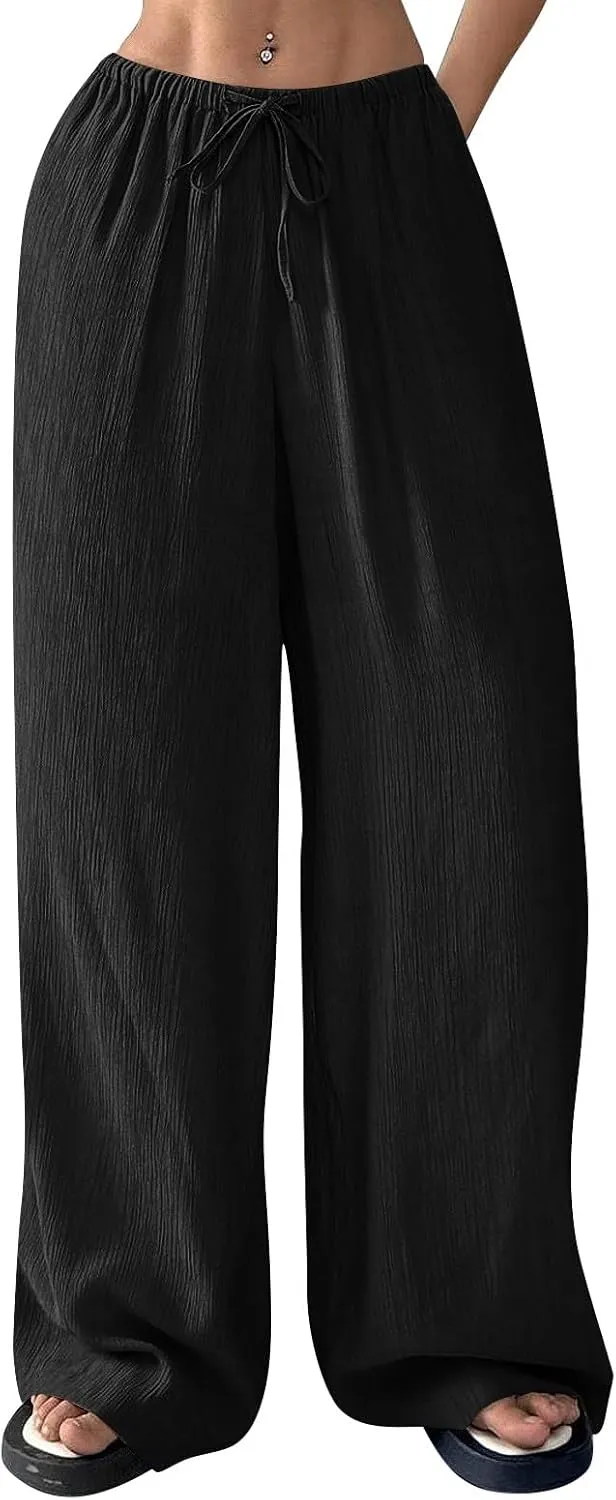 GOFULY Wide Leg Pants for Women Linen Beach Western Summer Drawstring Elastic Waist Pants High Waist Pockets Solid Outfits