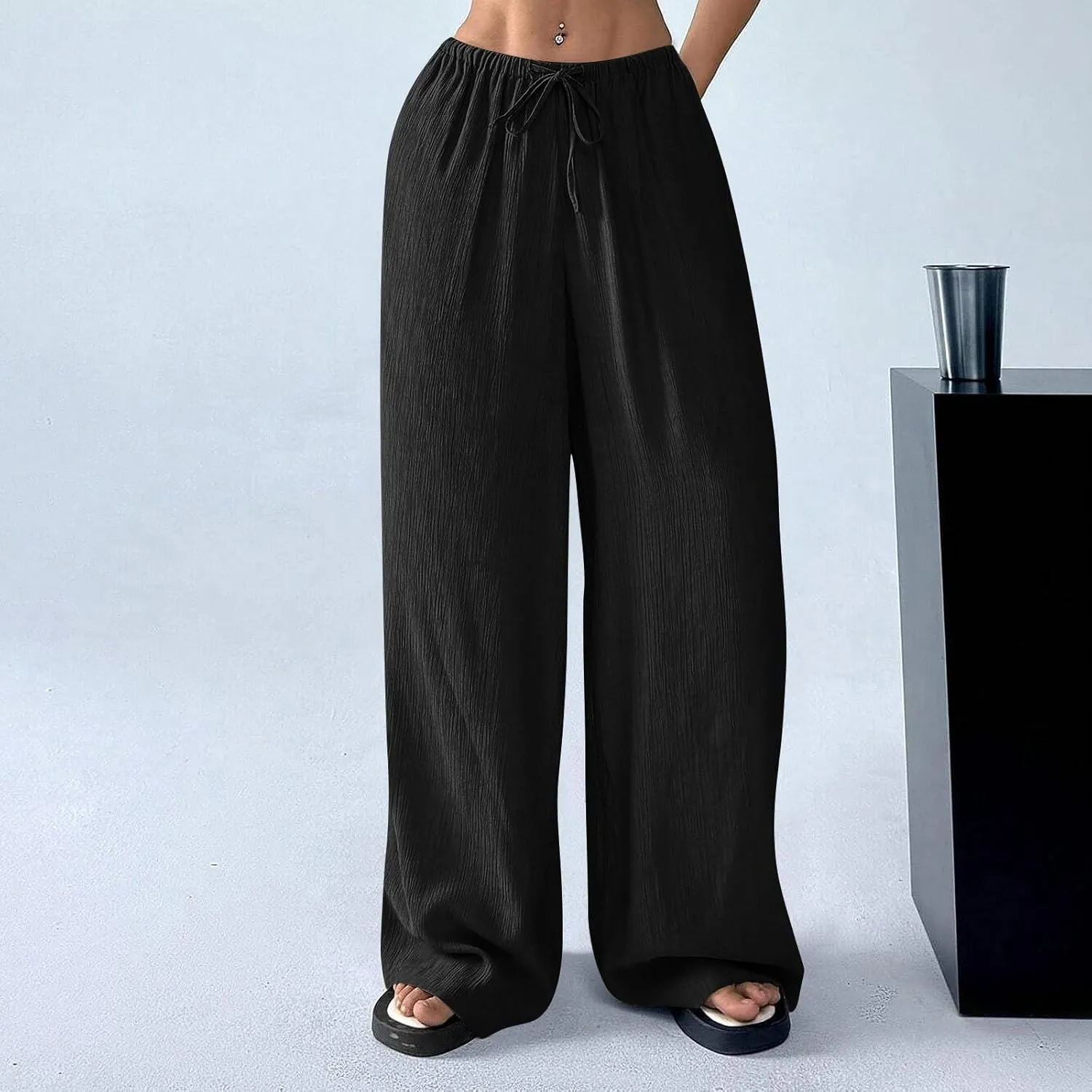GOFULY Wide Leg Pants for Women Linen Beach Western Summer Drawstring Elastic Waist Pants High Waist Pockets Solid Outfits