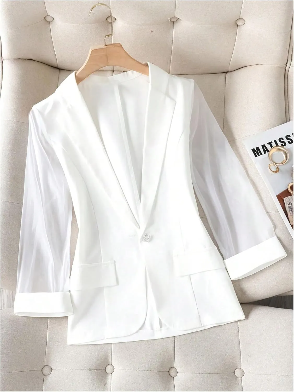 GORGLITTER Women's 3/4 Sleeve Blazer Jacket Bussiness Casual Striped Suit Jacket Work Lightweight Blazers