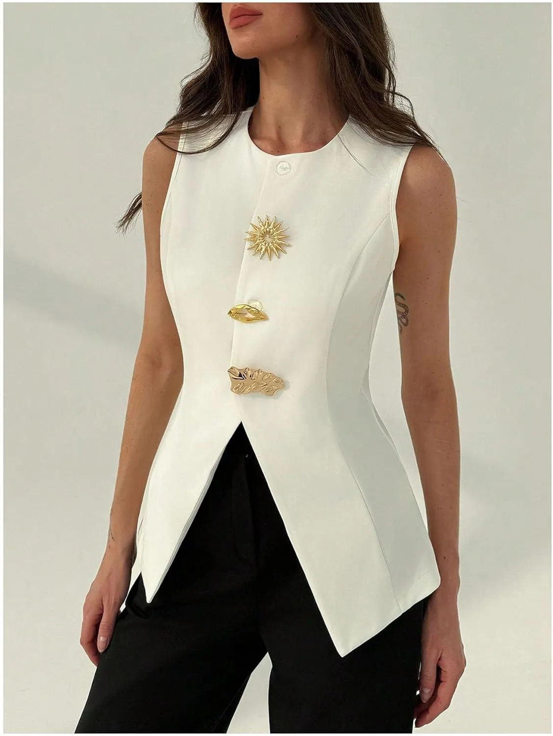 GORGLITTER Women's Dressy Blazers Vest Button Down Sleeveless Business Office Vest Jacket