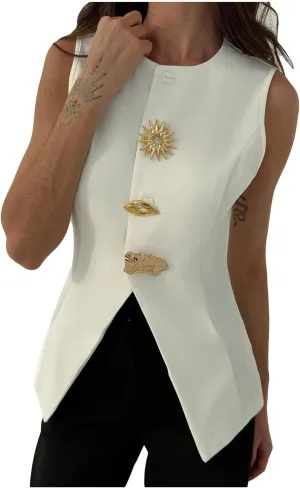 GORGLITTER Women's Dressy Blazers Vest Button Down Sleeveless Business Office Vest Jacket
