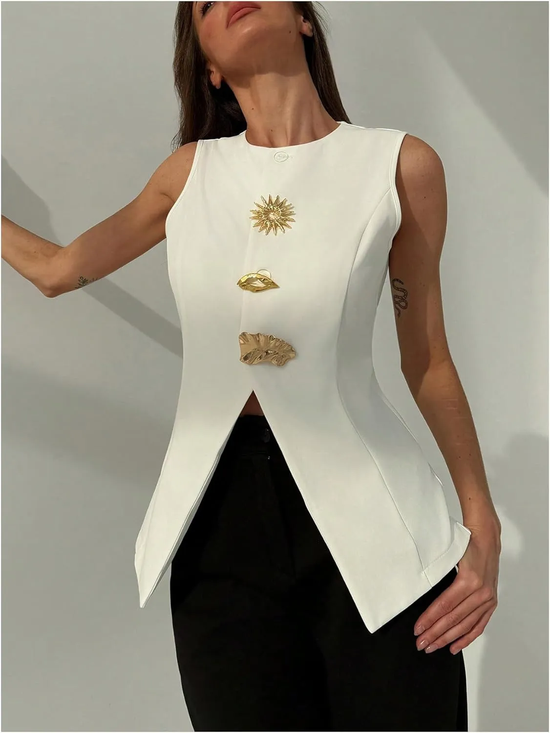 GORGLITTER Women's Dressy Blazers Vest Button Down Sleeveless Business Office Vest Jacket