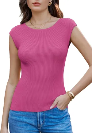 GRACE KARIN Women Short Cap Sleeve Sweater Tops Boat Neck Lightweight Slim Fit Pullover Sweater Dressy Casual Tank Tops