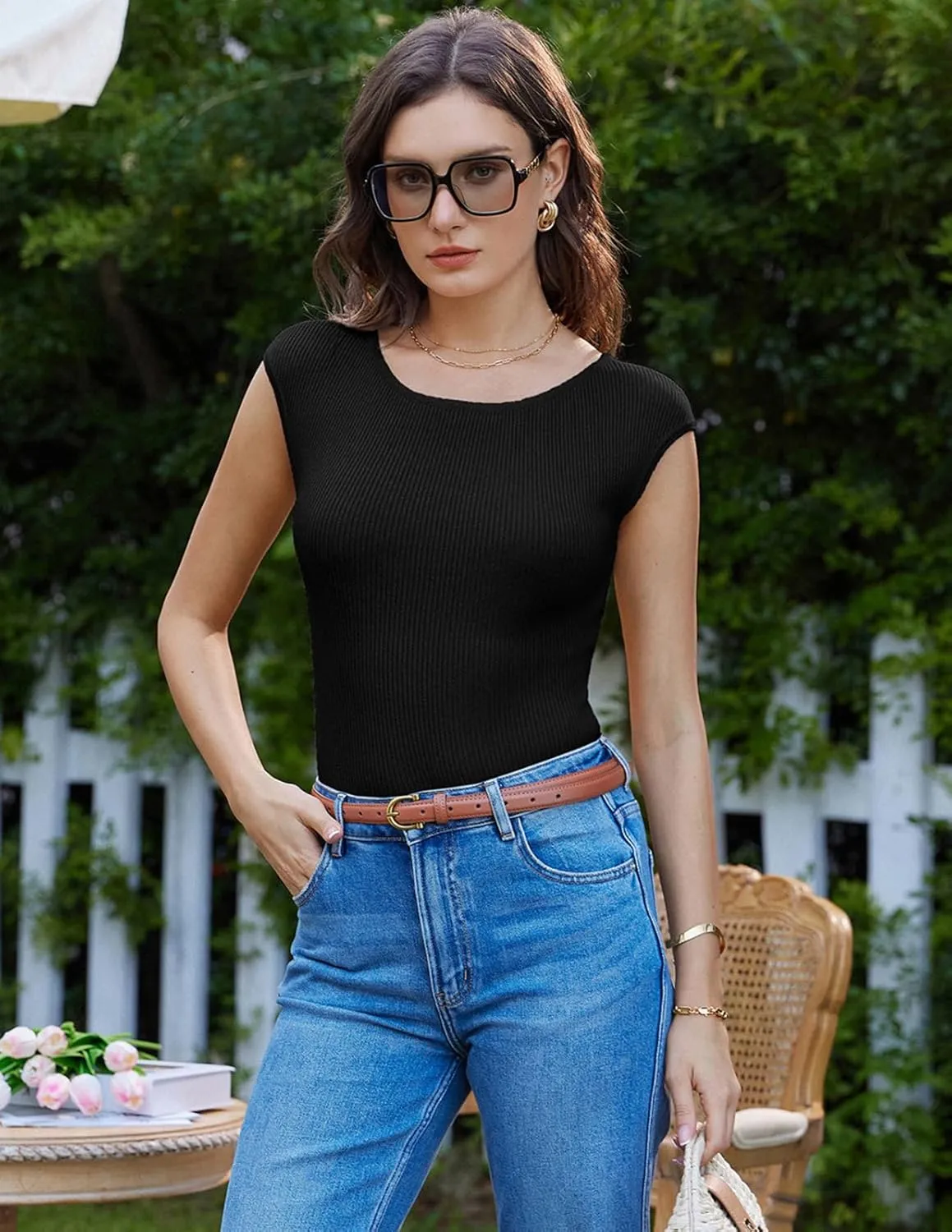 GRACE KARIN Women Short Cap Sleeve Sweater Tops Boat Neck Lightweight Slim Fit Pullover Sweater Dressy Casual Tank Tops