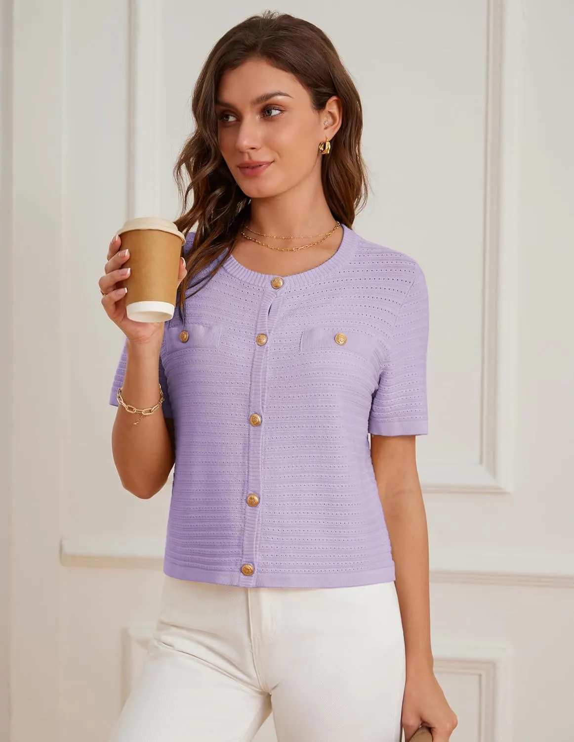 GRACE KARIN Womens Cardigan Sweaters 2025 Summer Open Front Button Down Short Sleeve Textured Knitted Sweater Tops Outfit