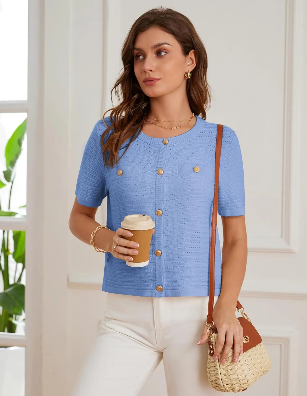 GRACE KARIN Womens Cardigan Sweaters 2025 Summer Open Front Button Down Short Sleeve Textured Knitted Sweater Tops Outfit