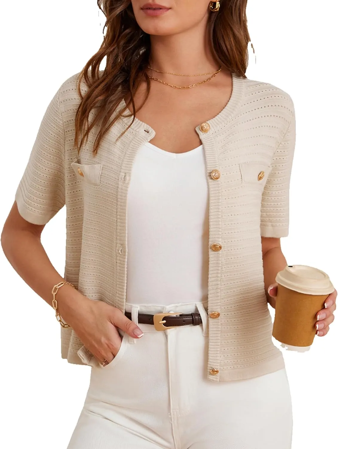 GRACE KARIN Womens Cardigan Sweaters 2025 Summer Open Front Button Down Short Sleeve Textured Knitted Sweater Tops Outfit